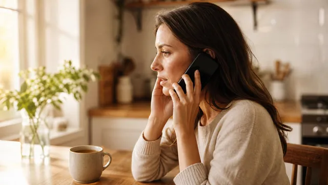 A woman at her kitchen table on the phone to her dentist in the early morning