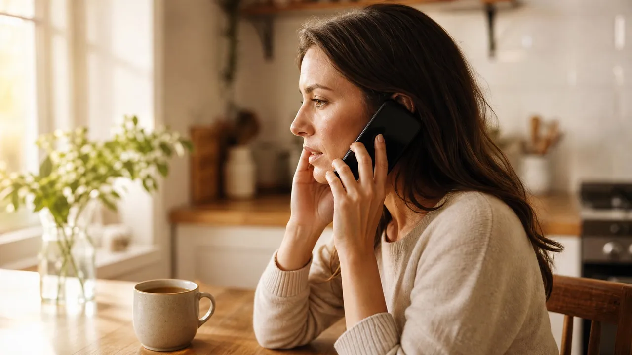 A woman at her kitchen table on the phone to her dentist in the early morning