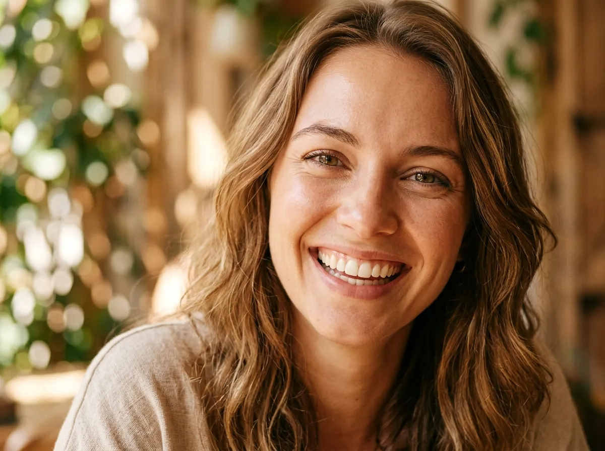 Woman smiling warmly, showing a natural veneers result
